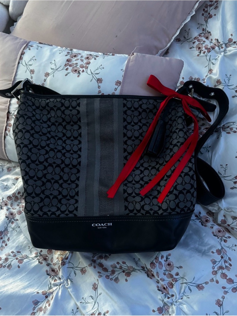 Coach Black Signature Stripe Shoulder Bag with Red Ribbon Accent - Picture 1 of 3
